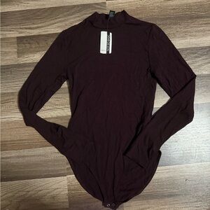 Forever 21 maroon Fitted Long Sleeve Bodysuit with Mandarin Collar
